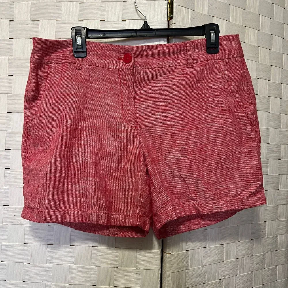 Ann Taylor Loft Red Chambray Cotton Shorts with Pockets Summer Vacation‎